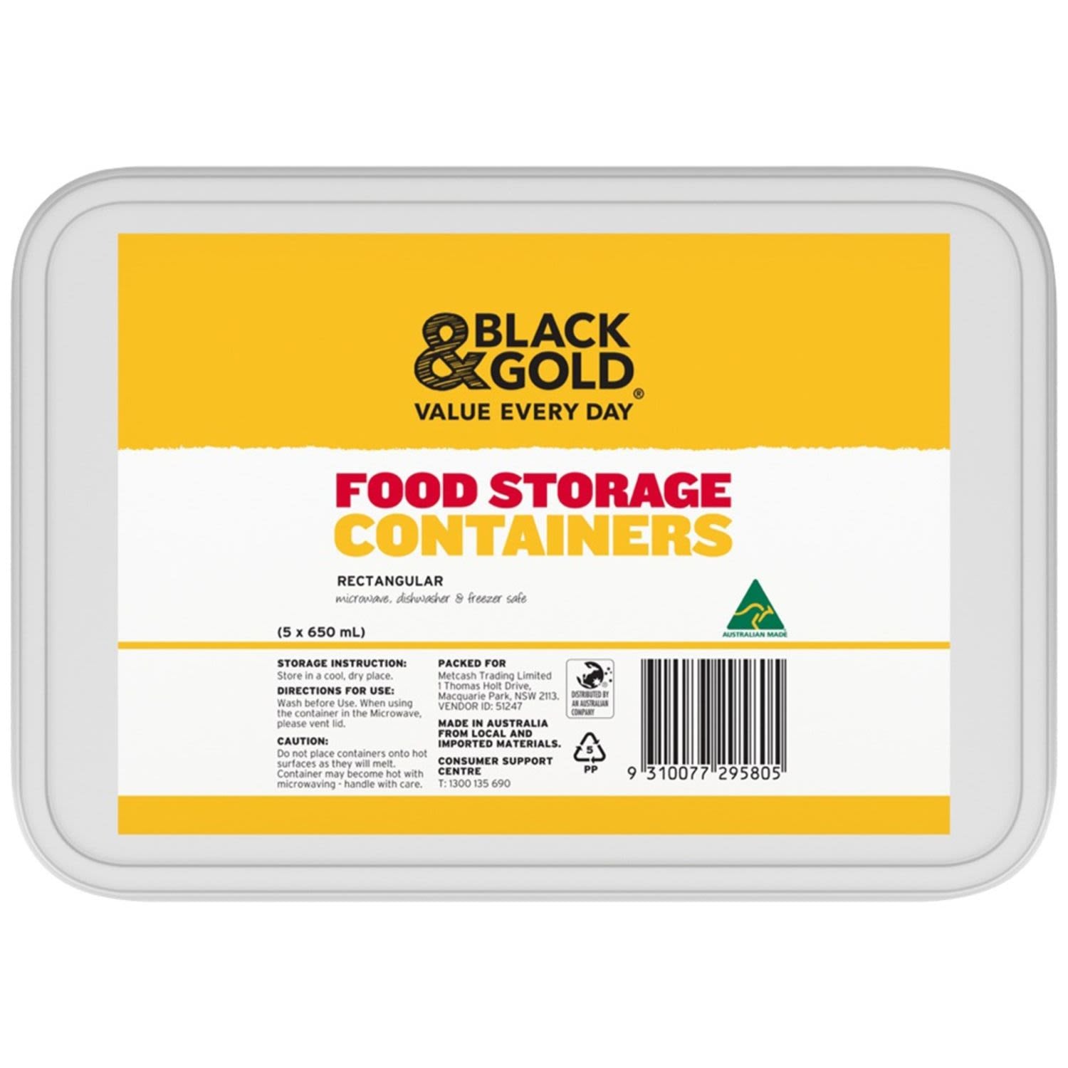 Black & Gold Rectangle Containers 650ml 5pk
