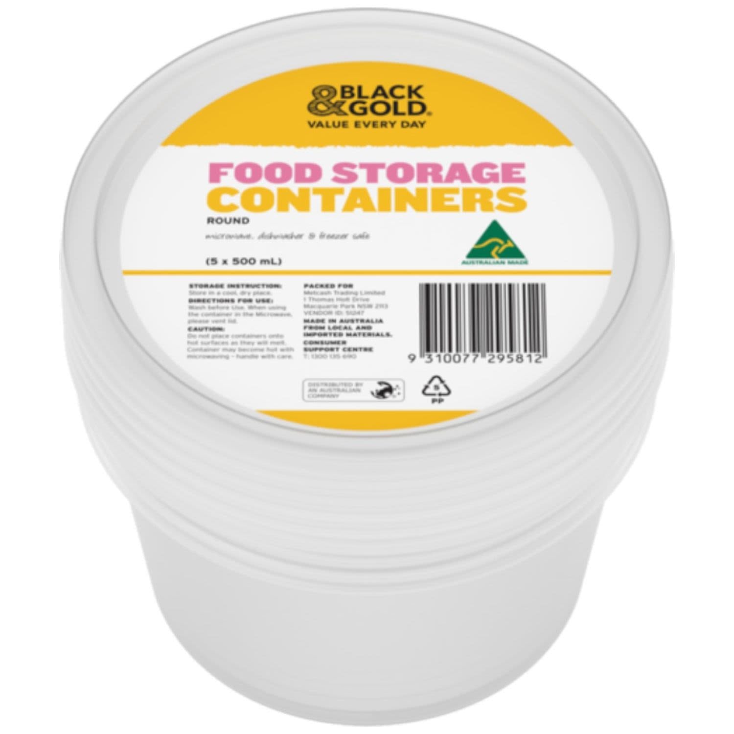 Black & Gold Round Plastic Container 280ml 6pk