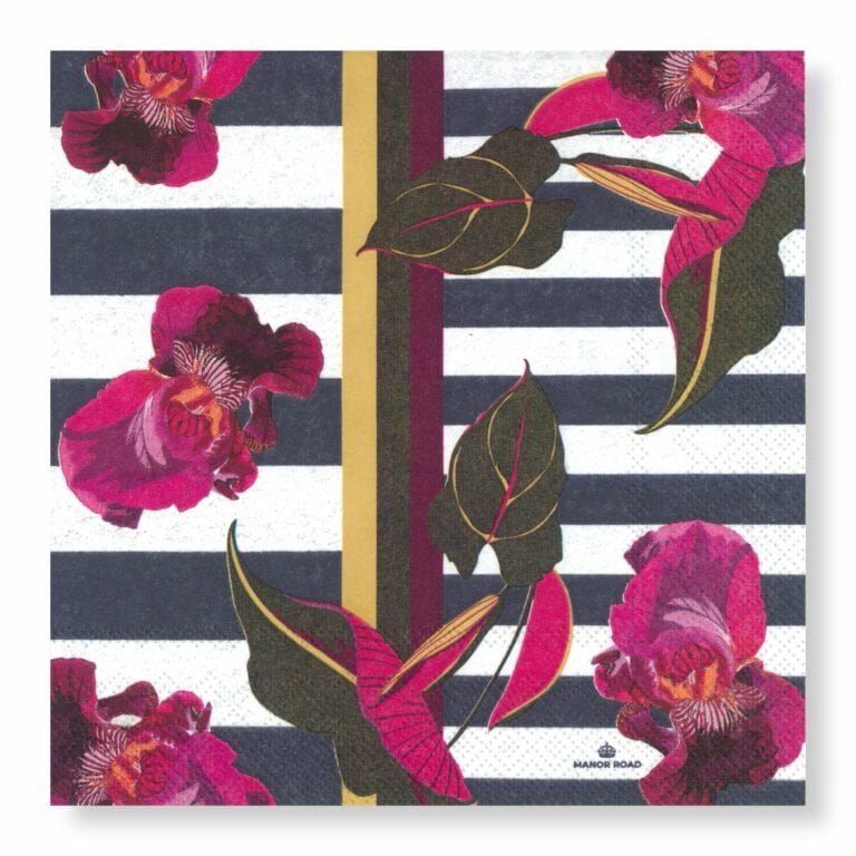 Manor Road Orchids on Stripes Cocktail Napkins 20pk